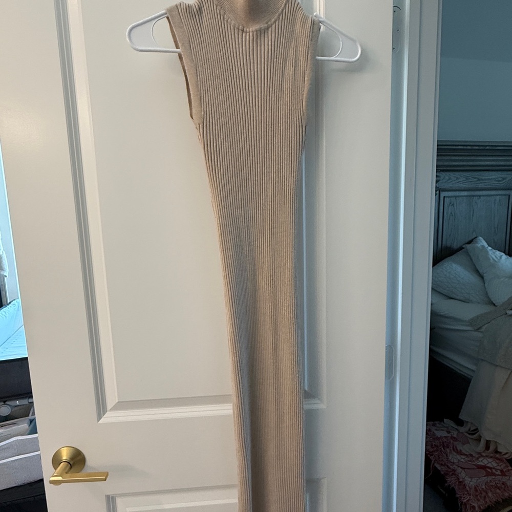 Pink Rose Sleeveless Ribbed Maxi Dress in Beige Taupe
